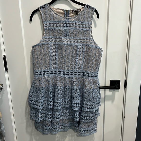 Express Baby Blue Tiered Ruffle Lace Sleeveless Dress EUC - Picture 1 of 10
